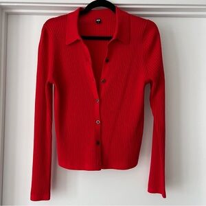Uniqlo Red Merino Ribbed Polo Cardigan - Size Medium